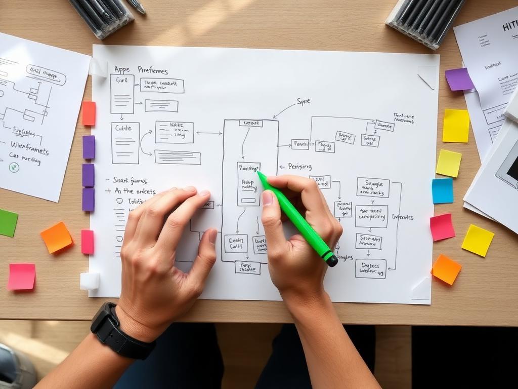 Hands sketching design thinking wireframes and user flows