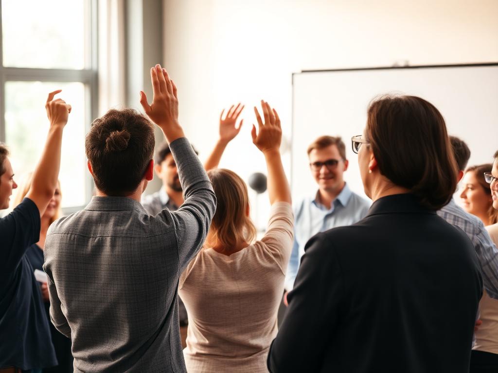 Workshop participants with hands raised in collaborative session